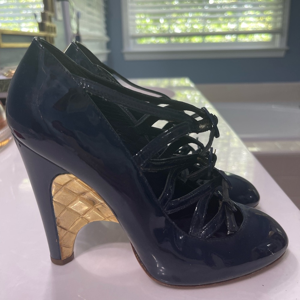 Chanel Navy Blue Patent Leather Quilted Gold Mary Jane Wedge Strap HeelsSize 36